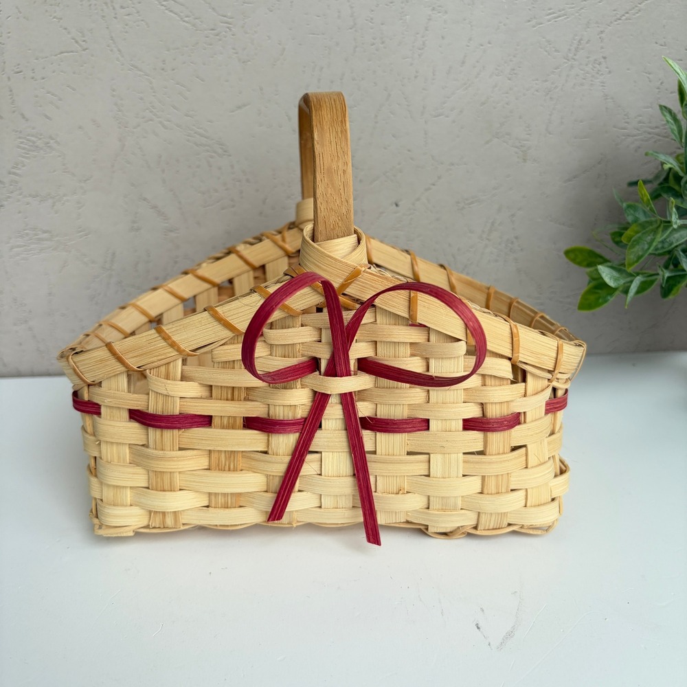 Handwoven Wood Splint Basket with Red Bow and Fixed Handle Natural 8.5 Inch
